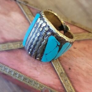 Tibetan Style Turquoise Inlay Gold Tone Ring, Unisex, Size 7.5